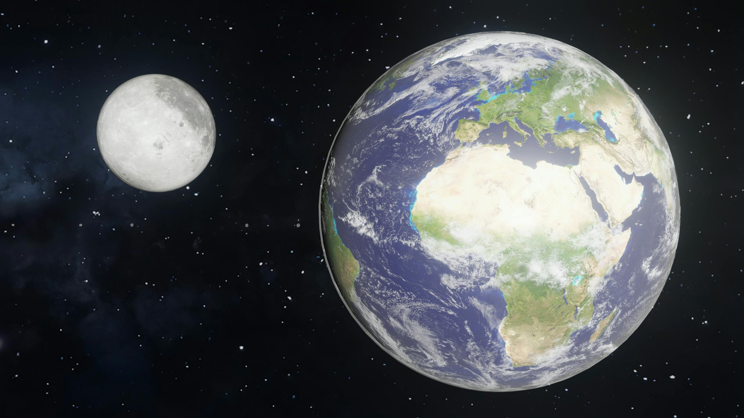 A detailed view of Earth's surface alongside the moon in a starry cosmic background.